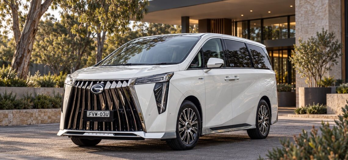 White GAC M8 PHEV luxury people mover.