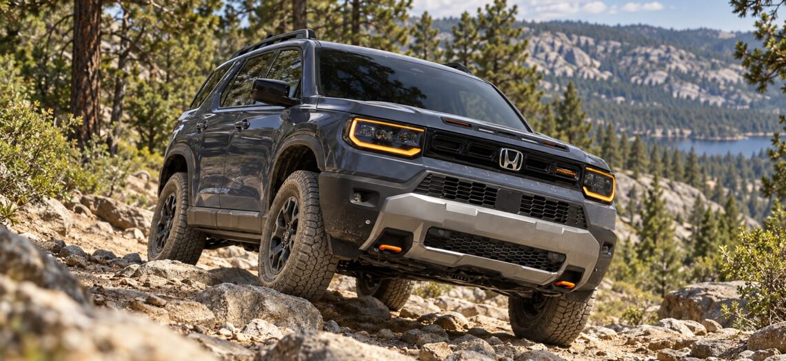 Gray Honda Passport TrailSport climbing rocky terrain in a wooded landscape.