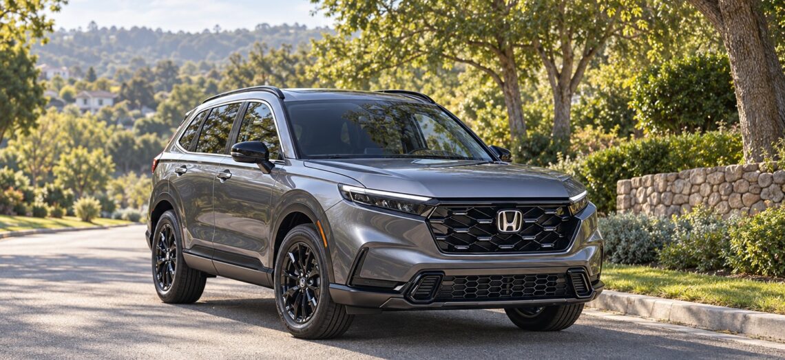 Gray current-generation Honda CR-V Hybrid parked on a tree-lined road.